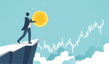 Bitcoin işi - İşadamı yükselen grafiğin önünde Bitcoin tutuyor. Bitcoin hisse büyümesi. Çizelgeye göre bitcoin fiyatlarında güçlü bir artış var. vektör tasarımı.