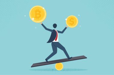 Bitcoin işi - İşadamı ticaret veya satış, kripto piyasa değeri kavramı, Bitcoin veya kripto para ile yatırım portföyü. vektör tasarımı.