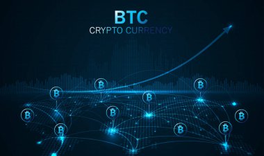 Bitcoin dijital para birimi ve dünya küresi gelecekteki dijital para teknolojisi dünya çapında ağ ve bitcoin küresel ağ bağlantısı. Elektronik şifreleme ve modern teknoloji. vektör tasarımı.