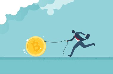Bitcoin işi - İşadamı, kar kavramı oluşturmak için kripto para fiyatı düştüğünde Bitcoin 'in ipini çeker, akıllı adam gelecekte gelir spekülasyonu yapmak için satın alır ya da satın alır. vektör tasarımı.
