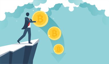 Bitcoin işi - Bitcoin 'i elinde tutan bir iş adamı. Bitcoin fiyat düşüşü, kripto para birimi düşüşü yatırımcıların büyük kayıp konseptine neden olur. vektör tasarımı.
