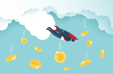 Bitcoin düştü ve bitcoin oranı düştü. Roket havada bitcoin ile uçuyordu. Kripto para birimi fiyatı ve düşüşü yatırımcıların büyük kayıp konseptine neden oluyor. vektör tasarımı.