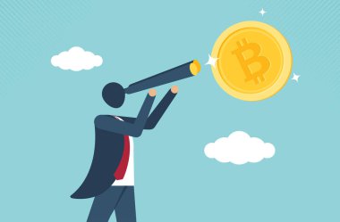 İş adamı artan grafiğin önünde Bitcoin 'i arıyor. Bitcoin hisse büyümesi. Çizelgeye göre bitcoin fiyatlarında güçlü bir artış var. vektör tasarımı.