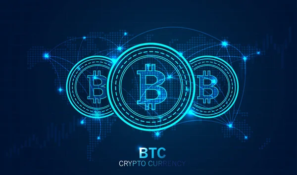 Bitcoin Moeda Digital Globo Mundial Tecnologia Dinheiro Digital Futurista Rede —  Vetores de Stock