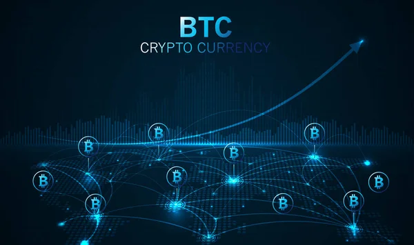 Bitcoin Moeda Digital Globo Mundial Tecnologia Dinheiro Digital Futurista Rede —  Vetores de Stock
