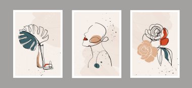 Modern soyut çizgi minimalist kadınların yüzleri, çiçekleri, yaprakları ve sanat arkaplanı duvar dekorasyonu, kartpostal veya broşür kapağı tasarımı için farklı şekillere sahip. Vektör tasarımı.