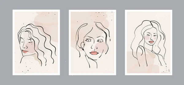 Modern Abstract Line Minimalistic Women Faces Arts Background Different Shapes — Stock Vector