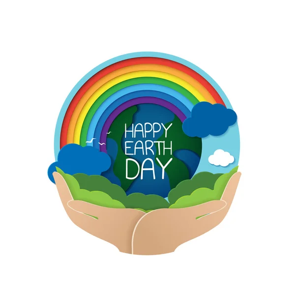 Szczęśliwego Dnia Ziemi Dzień Ziemi Kwietnia Globu Mapy Świata Rąk — Wektor stockowy