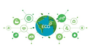 Energy saving eco technology nature concept with icons. think green ecology and save energy creative idea concept. environmentally friendly planet. vector design.