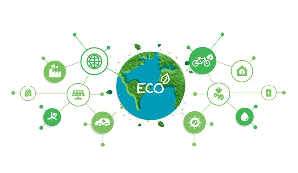 Ecotecnologia Risparmio Energetico Concetto Natura Con Icone Pensare Ecologia Verde — Vettoriale Stock