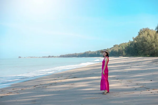 Portrait Beautiful Traveller Asian Woman Pink Dress Enjoys Relax Smile — Stock Photo, Image