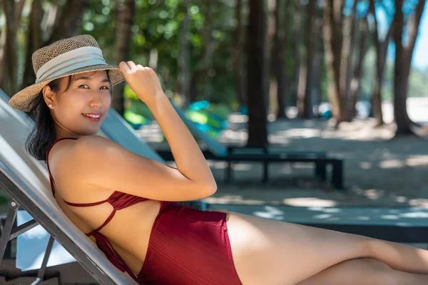 Model Asian Woman Wearing Red Swimsuit Straw Hat Lying Sun — Stock Photo, Image