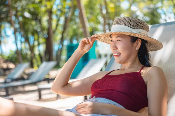 Model Asian Woman Wearing Red Swimsuit Straw Hat Lying Sun — Stock Photo, Image