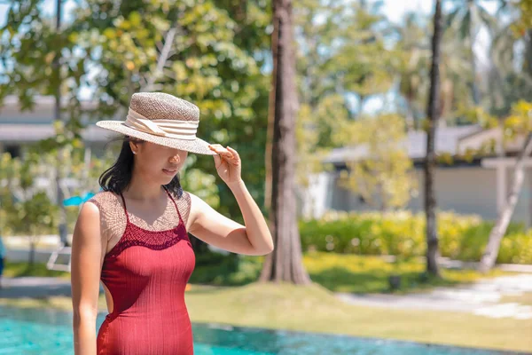 Happy Asian Woman Red Swimsuit Straw Hat Relaxing Walk Pool — Stock Photo, Image