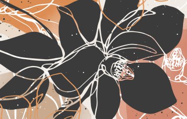 Duvar dekorasyonu, kartpostal ya da broşür kapağı tasarımı için farklı şekillere sahip modern soyut çiçekler ve çizgiler. Vektör tasarımı.