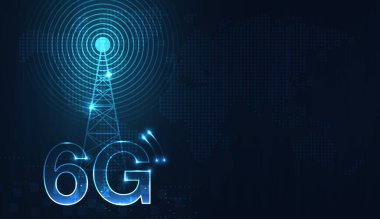 6G teknoloji konsepti. Modern şehir ve telekomünikasyon kulesi ağ bağlantısı kavramı. küresel bağlantı ve internet ağı konsepti, yeni nesil ağlar. vektör tasarımı.