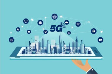 6G teknoloji konsepti. Akıllı telefonlu modern şehir ve iletişim 6G ağ bağlantısı kavramı. Yüksek hızlı mobil internet, yeni nesil ağlar. Karışık medya. vektör tasarımı.