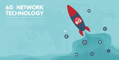 6G, ikon teknolojisi kablosuz veri iletimi olan bir roket gibi hızlı. küresel bağlantı ve internet ağı kavramı. vektör tasarımı.