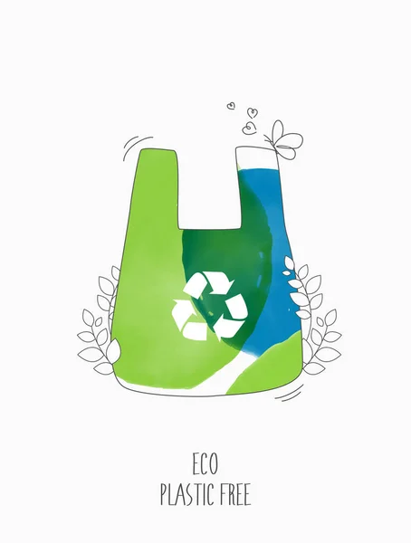 Plastikowe Ekologiczne Nie Dla Plastikowych Polietylenowych Toreb Zielonym Kiełkiem Liśćmi — Wektor stockowy