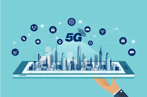 6G技术概念 现代城市和通信6G网络连接概念与智能手机 高速移动互联网 新一代网络 混合媒体 矢量设计 — 图库矢量图片