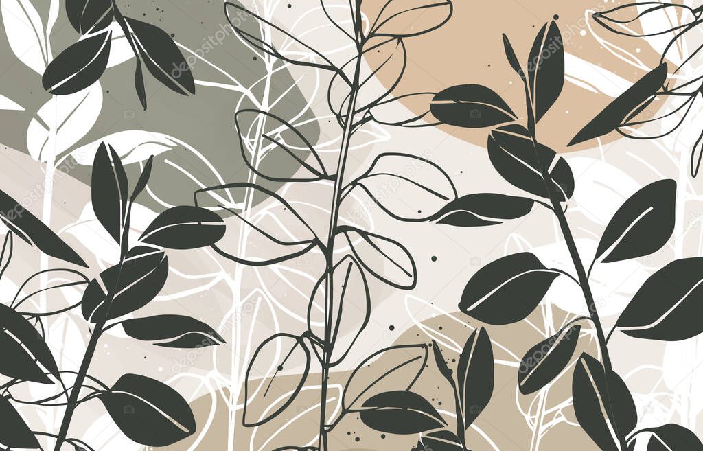 Modern abstract line leaves in lines and arts background with different shapes for wall decoration, postcard or brochure cover design. Vector  design.