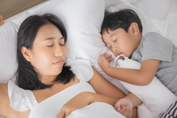 Young Asian Woman Son Sleeping Her Bed Relaxing Bedroom Lying — Fotografia de Stock