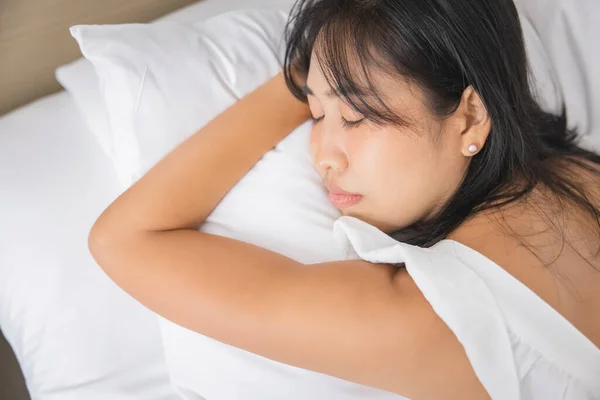 Young Asian Woman Sleeping Bed Bedroom She Lying Side Relax — Fotografia de Stock