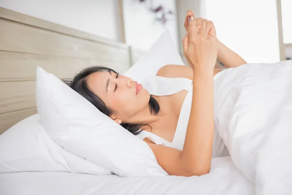 Close Woman Lying Bed Playing Smartphone Bed Online Shopping Social — Fotografia de Stock