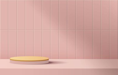 Cosmetic background and premium podium podium on the table with pink tile texture wall scene and display for product presentation branding and packaging presentation. studio stage vector design.