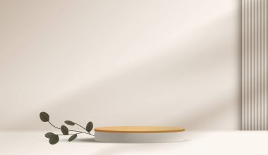 Ürün sunumu, markalaşma ve paketleme sunumu için kozmetik kahverengi arkaplan ve premium podyum. Stüdyo sahnesinin arka planında yaprak var. vektör tasarımı.