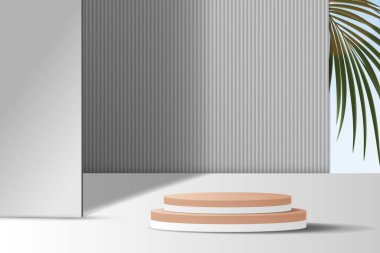 Cosmetic gray background and premium podium display for product presentation branding and packaging presentation. studio stage with shadow of leaf background. vector design.