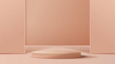 Ürün sunumu, markalaşma ve paketleme sunumu için kozmetik kahverengi arkaplan ve premium podyum. Stüdyo sahnesinin arka planında yaprak var. vektör tasarımı.