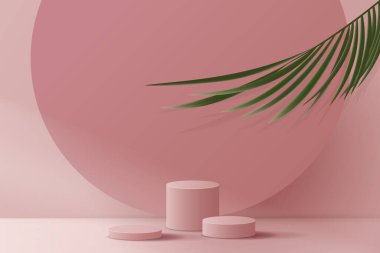 Cosmetic pink background and premium podium display for product presentation branding and packaging presentation. studio stage with shadow of leaf background. vector design.