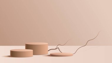 Kas podyumu, soyut ışık ve dal arkaplan ürün görüntüleme sahnesi, kozmetik, markalaşma ve ambalaj sunumu için yapış. Stüdyo sahnesinin arka planında yaprak var. vektör.