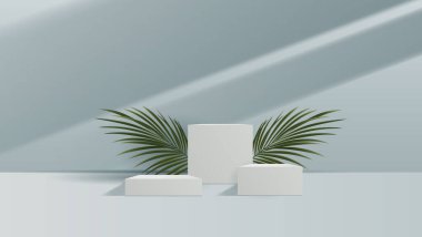 Mavi podyum, kozmetik, markalaşma ve ambalaj sunumu için soyut ışık ve yaprağın minimum arkaplan ürünü görüntüleme sahnesi. Stüdyo sahnesinin arka planında yaprak var. vektör tasarımı.