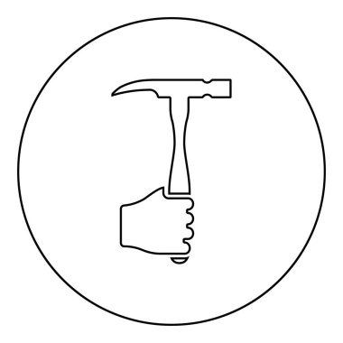 El ele tutuşan çekiç, kol kullan. Çalışma konsepti simgesi kullanarak yuvarlak siyah renk vektör illüstrasyonu katı dış hat biçimi basit resim