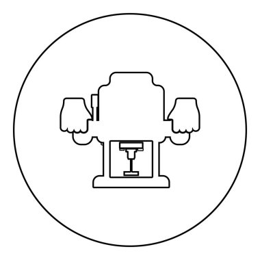 Sabit taban yönlendirici Elektrikli ağaç daldırma değirmen kesici güç aracı el tutma aracı kullanım Arm araç simgesi kullanarak daire siyah renk illüstrasyon katı taslak basit resim biçimi
