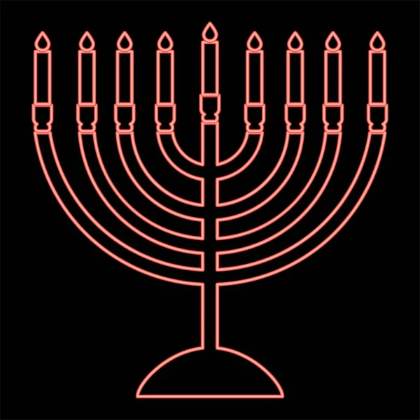 Neon Menorah Hanukkah Icon Black Color Circle Outline Vector Illustration — Stock Vector