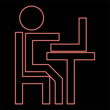 Dizüstü bilgisayarda çalışan neon insan kırmızı renk çizimi düz stil ışık resmi