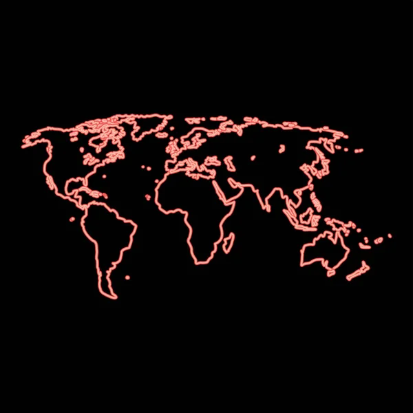 Неоновая Карта Мира Красный Цветовой Вектор Иллюстрация Плоский Стиль Светлое — стоковый вектор