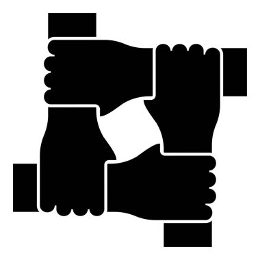 Dört el bir arada konsept takım çalışması, takım liderlerinin bileklerinde birbirine kenetlenmiş siyah renk vektör illüstrasyon simgesi düz görüntü.