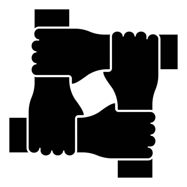 4つの手を一緒にコンセプトチームワークを統合手首の共同コラボレーションアイコンブラックカラーベクトルイラストフラットスタイルシンプルな画像上の相互に腕の連動 — ストックベクタ