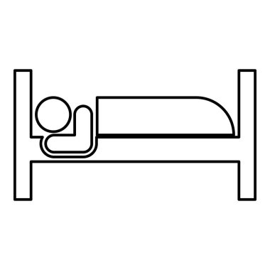 Adam yatak konsepti üzerinde uzanır Otel tabelası dış hatlar simge siyah renk vektör illüstrasyonu düz resim