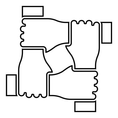 Dört el bir arada konsept takım çalışması, takım liderlerinin bileklerinde birbirine kenetlenme, bileklik işbirliği, dış hatlar, simge siyah renk çizimi, düz resim.