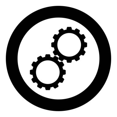 İki dişli dişli dişli dişli dişli dişli dişli çarkları çalışma mekanizması simgesine bağlı, yuvarlak siyah renk vektör ilüstrasyon görüntüsü basit taslak biçimi