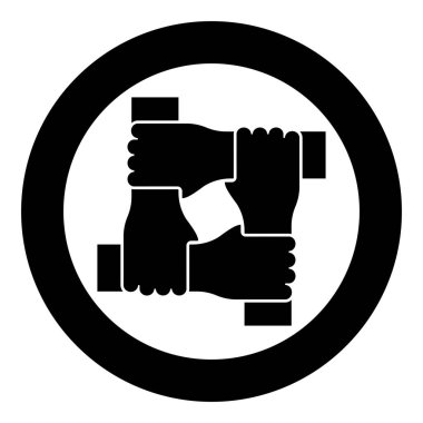 Dört el bir arada konsept takım çalışması, takım liderlerinin bileklerinde birbirine kenetlenmeleri, siyah yuvarlak renk çizimi, basit bir taslak çizim biçimi, basit, siyah renk illüstrasyon ikonu.