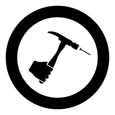 Çekiç, el pençe tutarak çiviye basar. Çalışma araçları simgesini yuvarlak siyah renk illüstrasyon resmi basit taslak biçiminde tamir eder ve onarır.