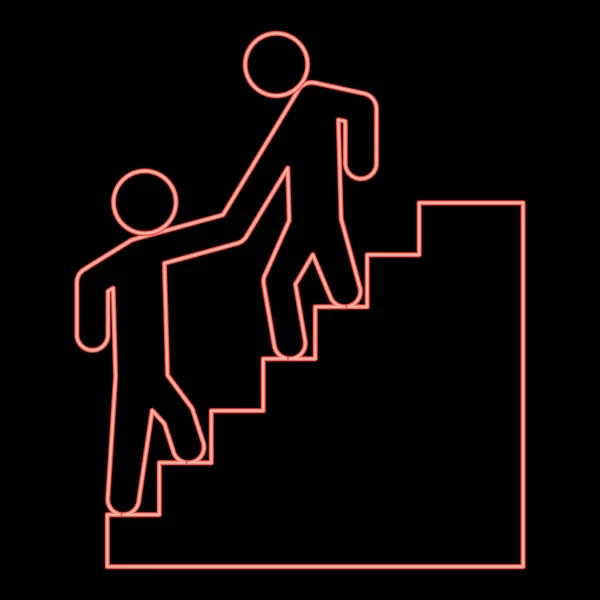 Neon Man Helping Climb Other Man Red Color Vector Illustration — Vettoriale Stock