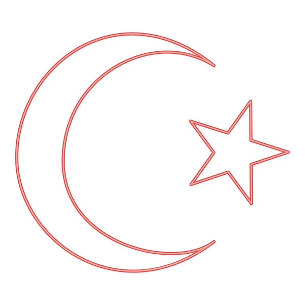 Neon Symbol Islam Crescent Star Five Corners Red Color Vector —  Vetores de Stock