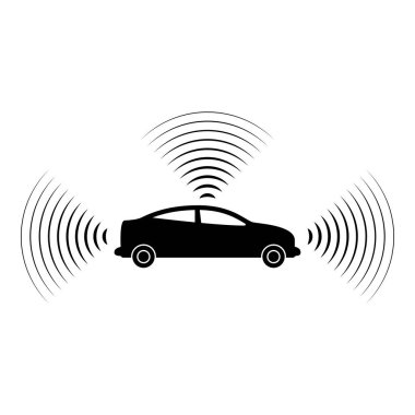 Araba radyo sinyalleri sensör akıllı teknoloji otomatik pilot tüm yön simgesi siyah renk vektör resimleme basit düz